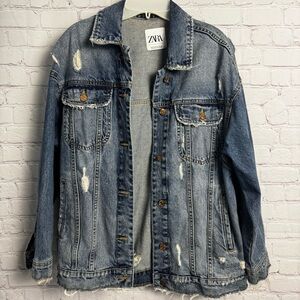 Zara light wash retro distressed denim jacket ladies size XS oversized biker